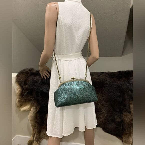 Handsewn Genuine Cowhide Floral Embossed Double Kiss-lock Bag & 2 Chain Styles - Picture 8 of 16